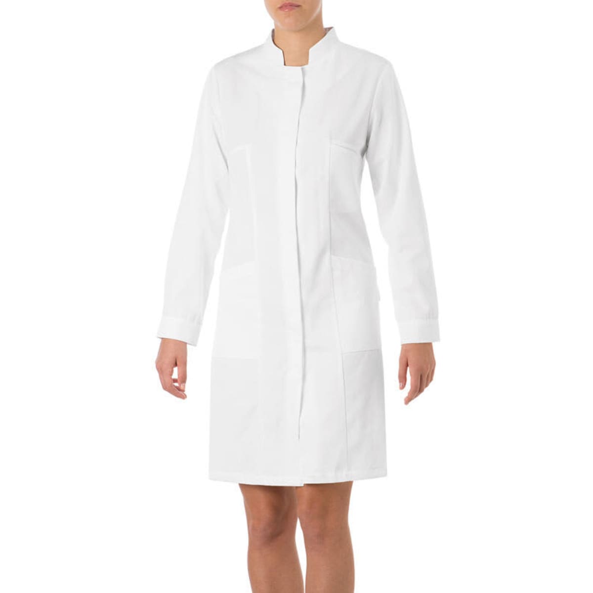 A white lab coat with long sleeves and a straight collar, featuring two front pockets and a logo.