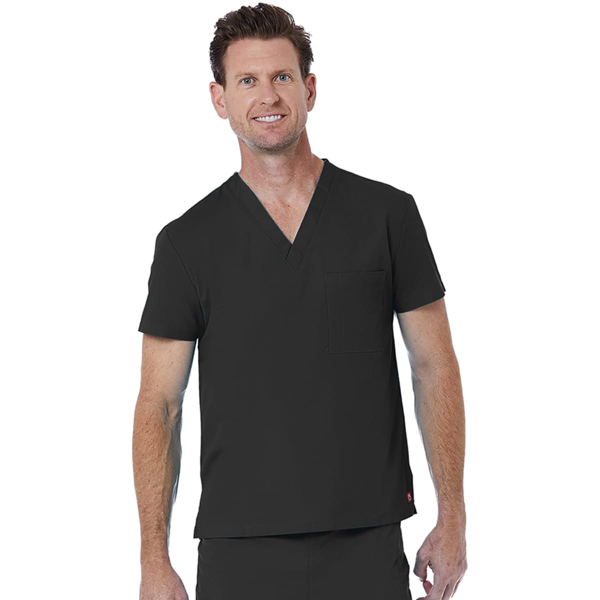 A unisex V-neck top in black, featuring short sleeves and a chest pocket, modelled by a man.