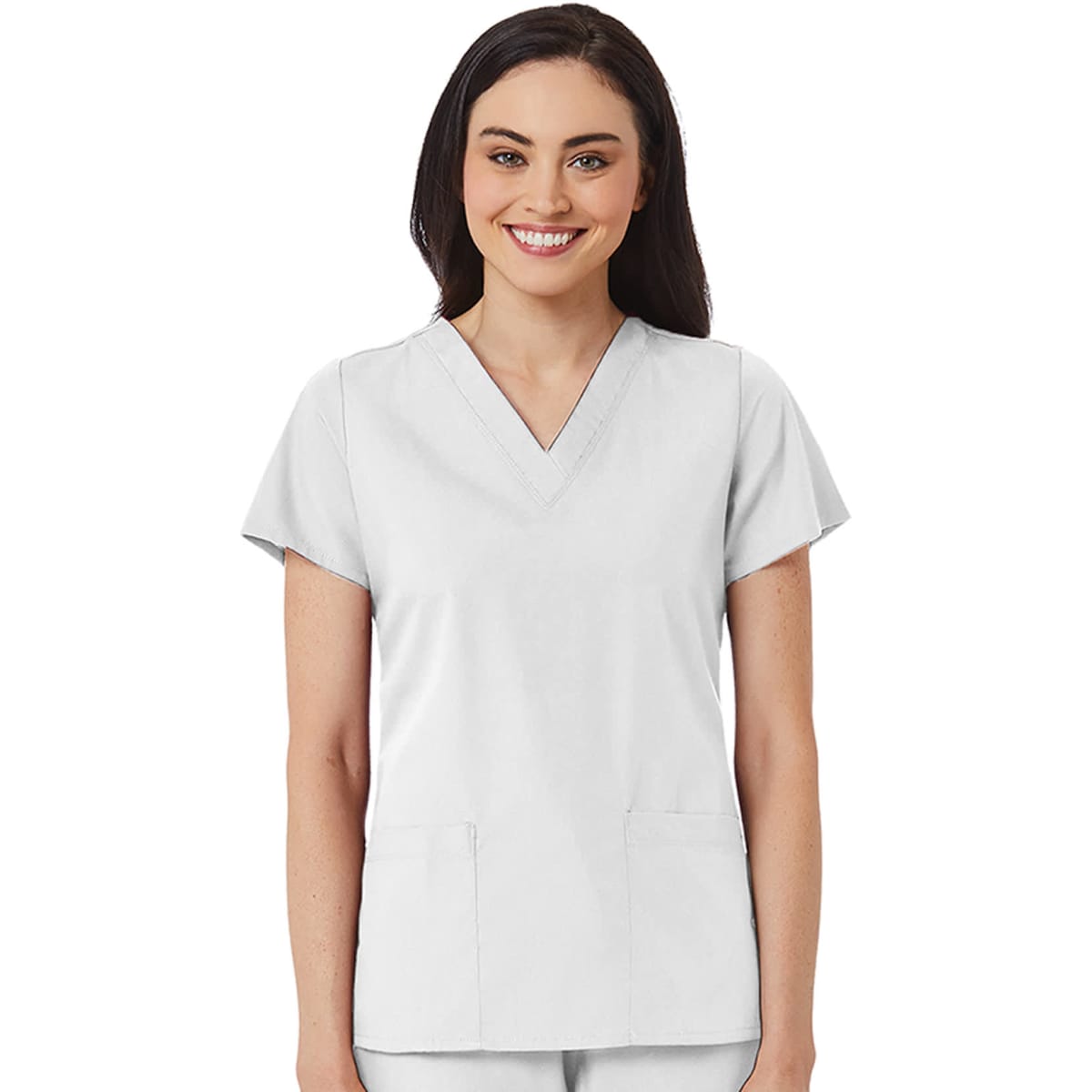 A women's v-neck top in light grey with short sleeves and two front pockets. Features a branding logo.
