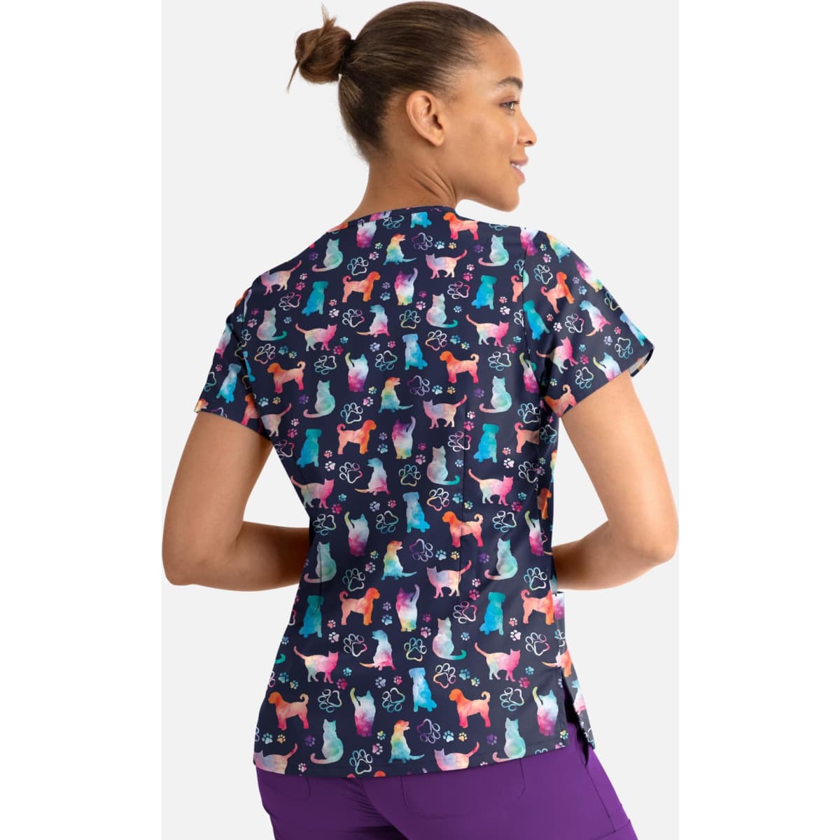 A women's V-neck top featuring a colourful print of various cats and dogs on a navy background. Includes a logo.