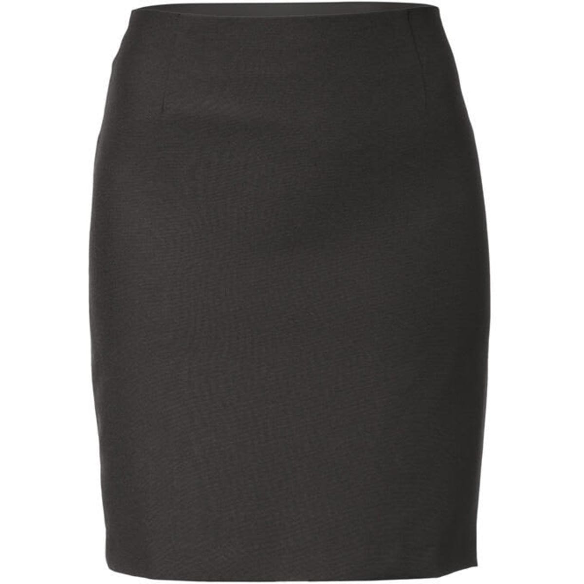 A black pencil skirt with a fitted silhouette featuring subtle front seams and a waistband.