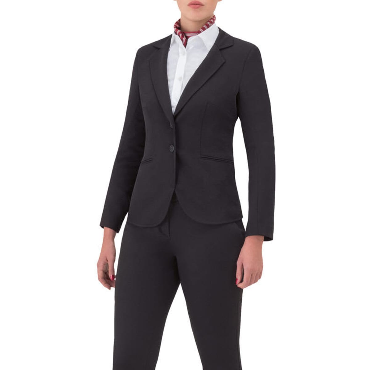 A black jacket featuring a tailored fit, with a single button closure, paired with tailored trousers and a white shirt.