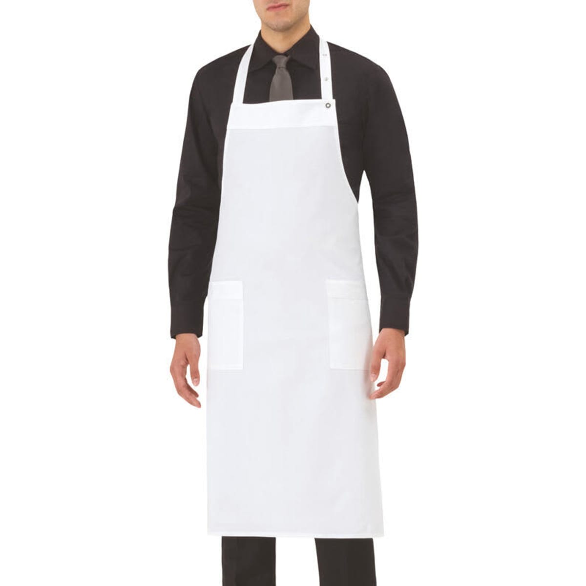 A white apron worn by a model, featuring two front pockets and a branding logo.