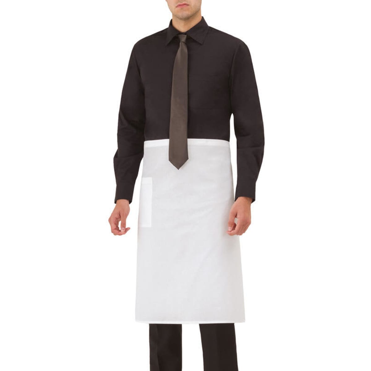 A white apron worn over a black shirt and tie, featuring a side pocket. The model is standing upright.