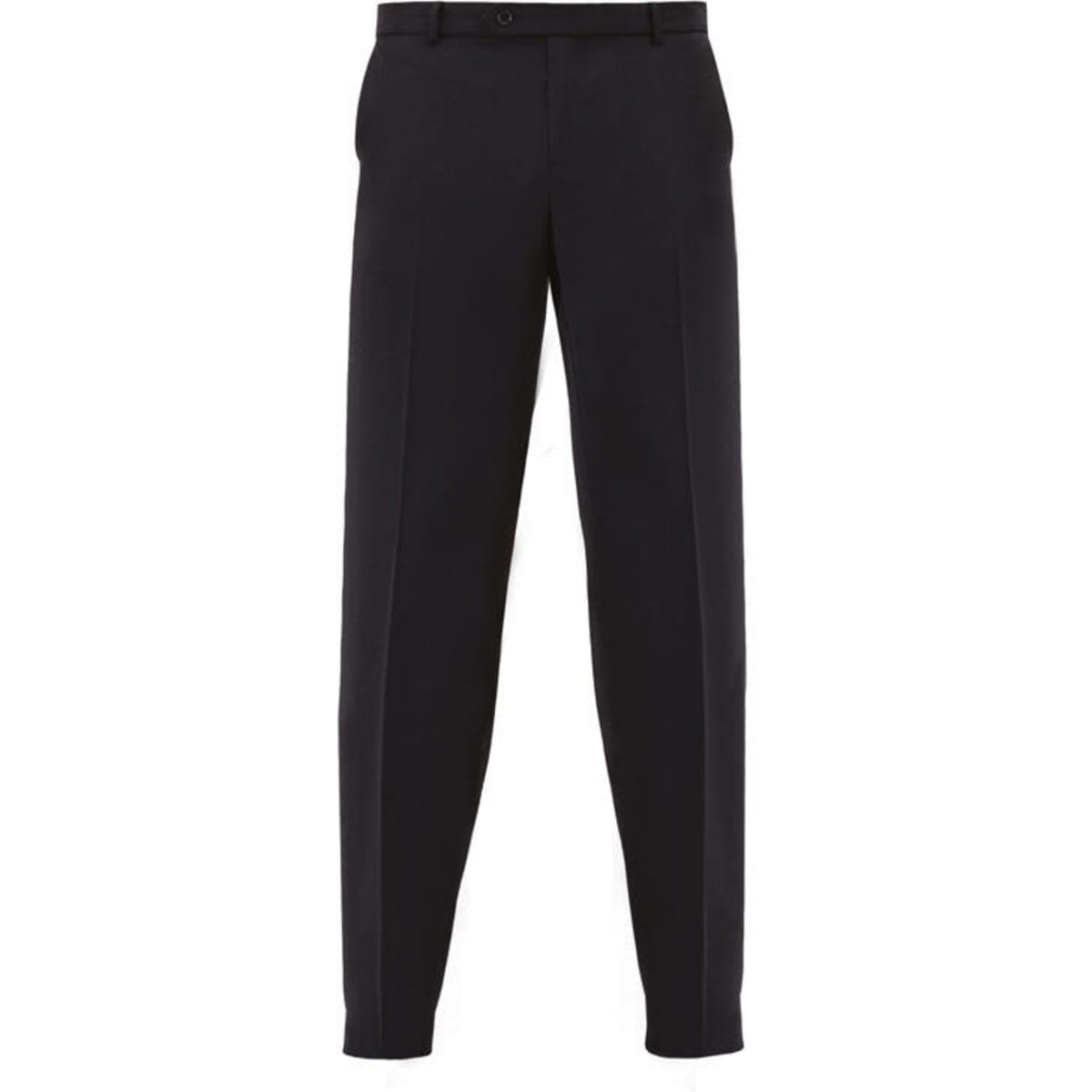 A pair of dark navy trousers featuring a straight leg design and side pockets, with a logo present.