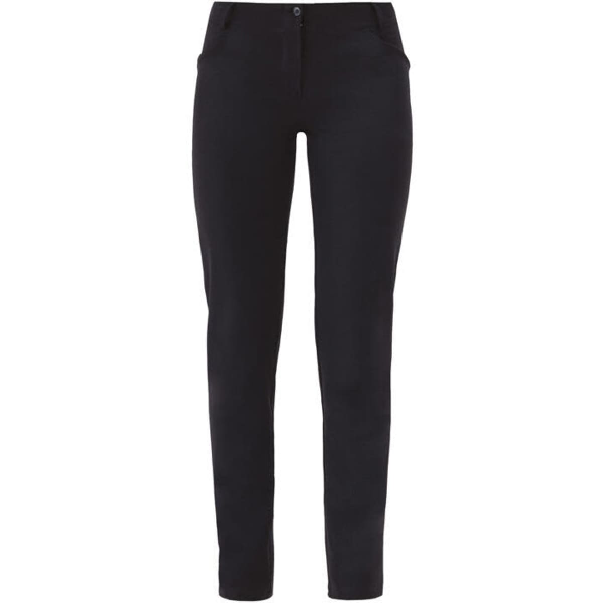 Black pants with a slim fit design featuring pockets and a button closure. The garment has a subtle branding logo.