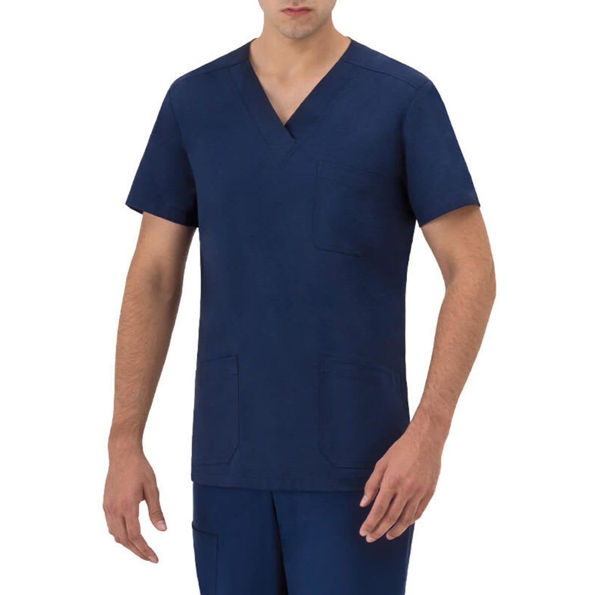 A navy blue tunic with short sleeves and a v-neck, featuring a pocket on the front.