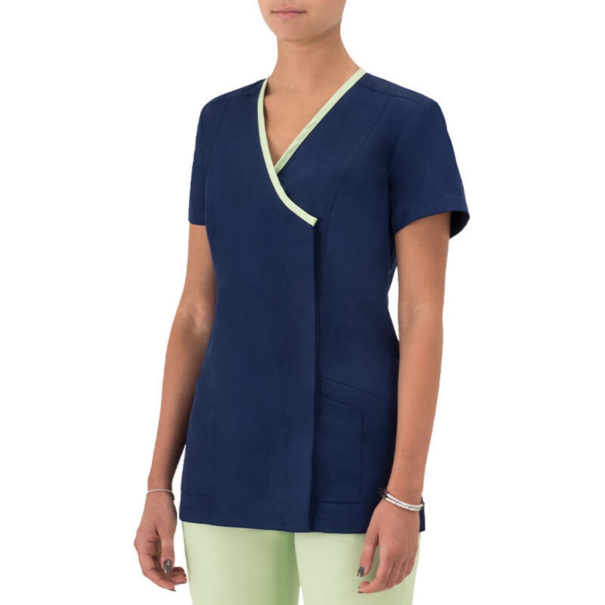 A navy tunic with a v-neck and light green trim, featuring short sleeves and a pocket.