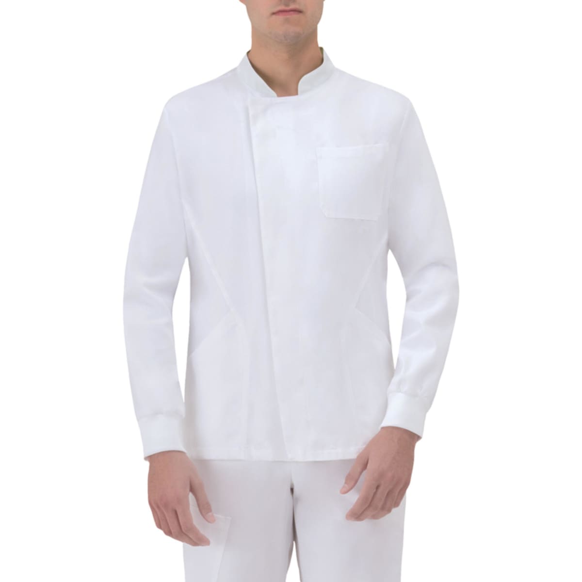 A white tunic featuring a Mandarin collar and a single chest pocket, designed for professional wear.