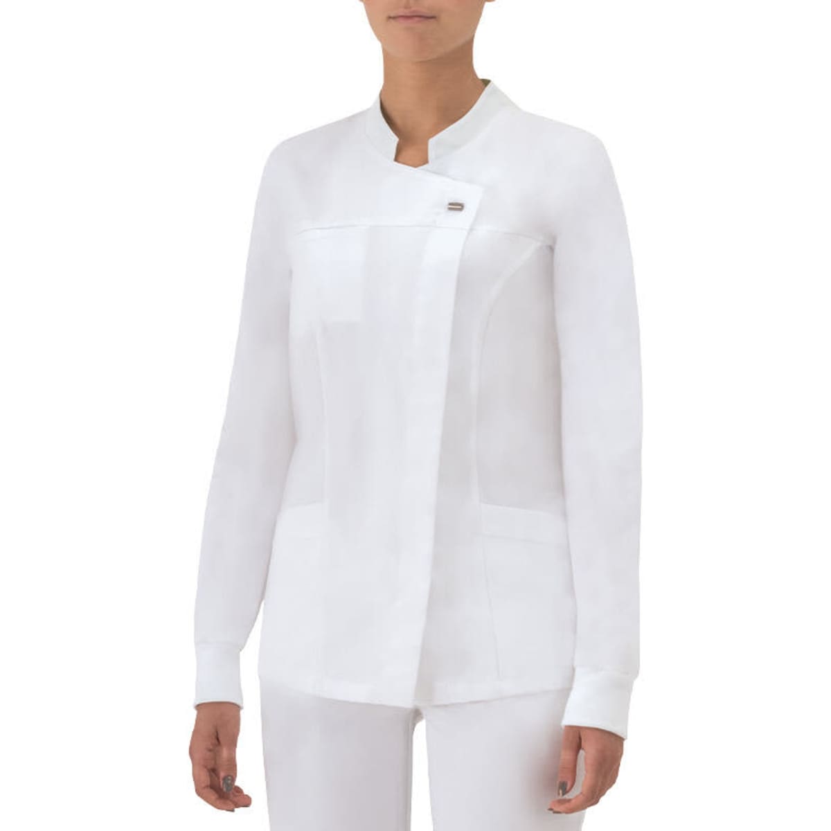 A long sleeve tunic in white with a structured design and a subtle logo on the front.