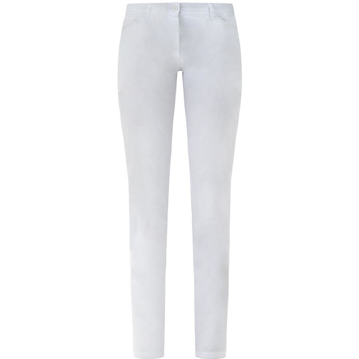 White fitted pants with a sleek design, featuring a button and zip fastening and a small logo on the waistband.