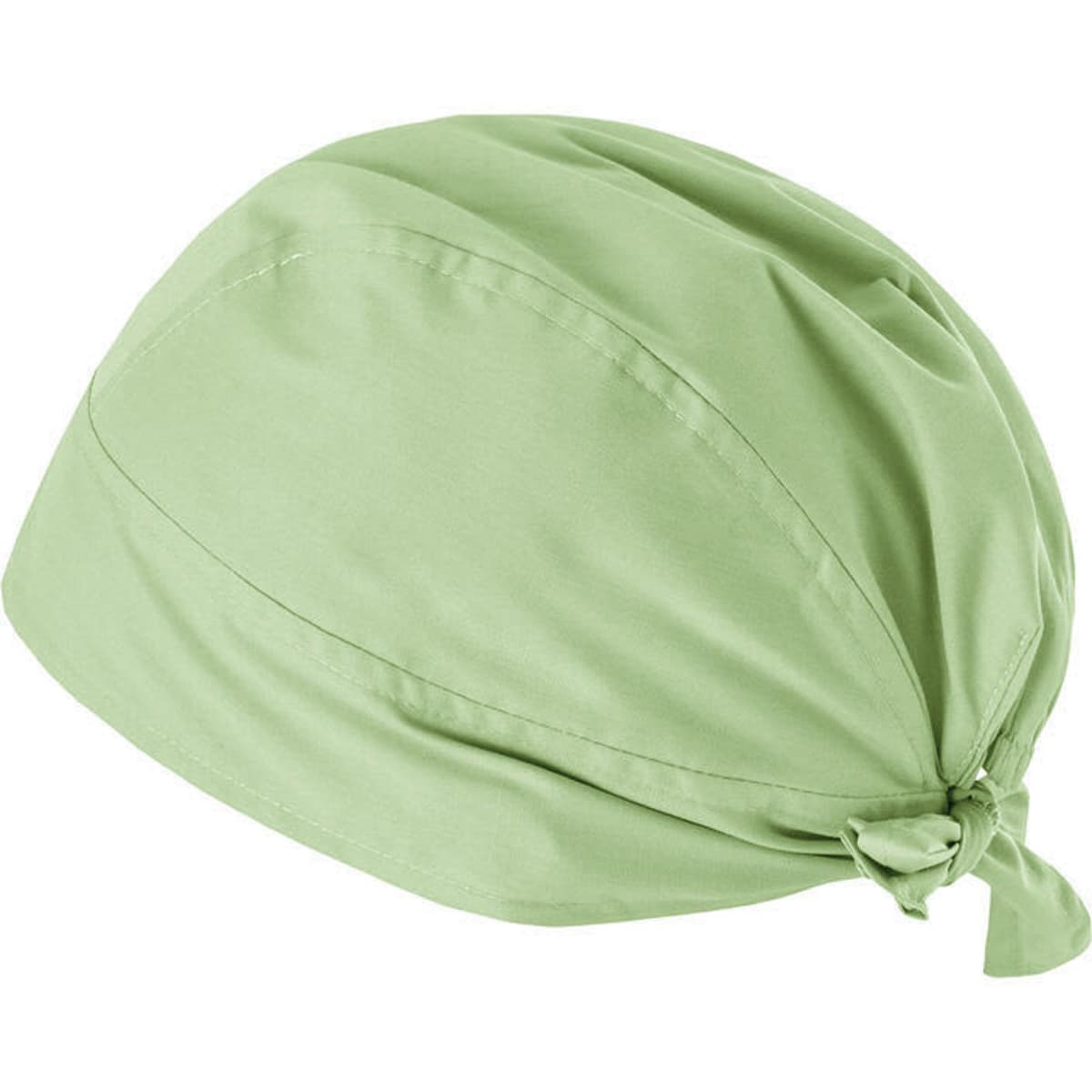 A light green bandana with ties at the back, featuring a smooth fabric and a simple design. It has a logo.