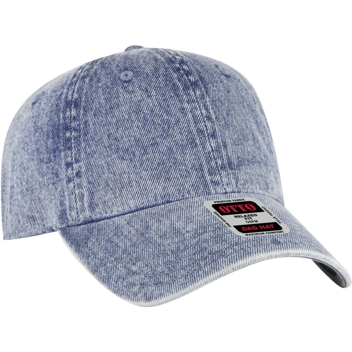 A light blue denim-style dad cap with a low profile and a branded label on the front.