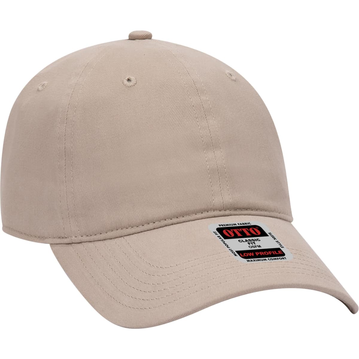 A beige 6-panel baseball cap with a curved brim and a logo on the side.