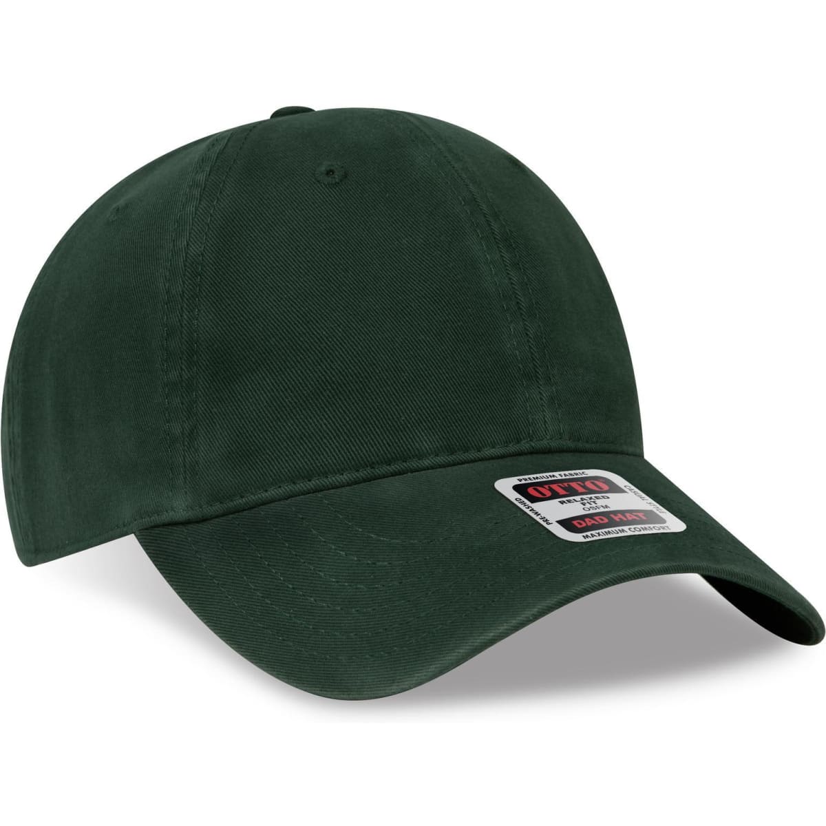 A dark green 6-panel low profile dad hat with a brand logo on the front.