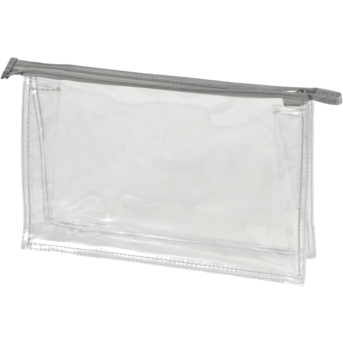 A transparent zippered bag with a grey zip, designed for storing toiletries and accessories.