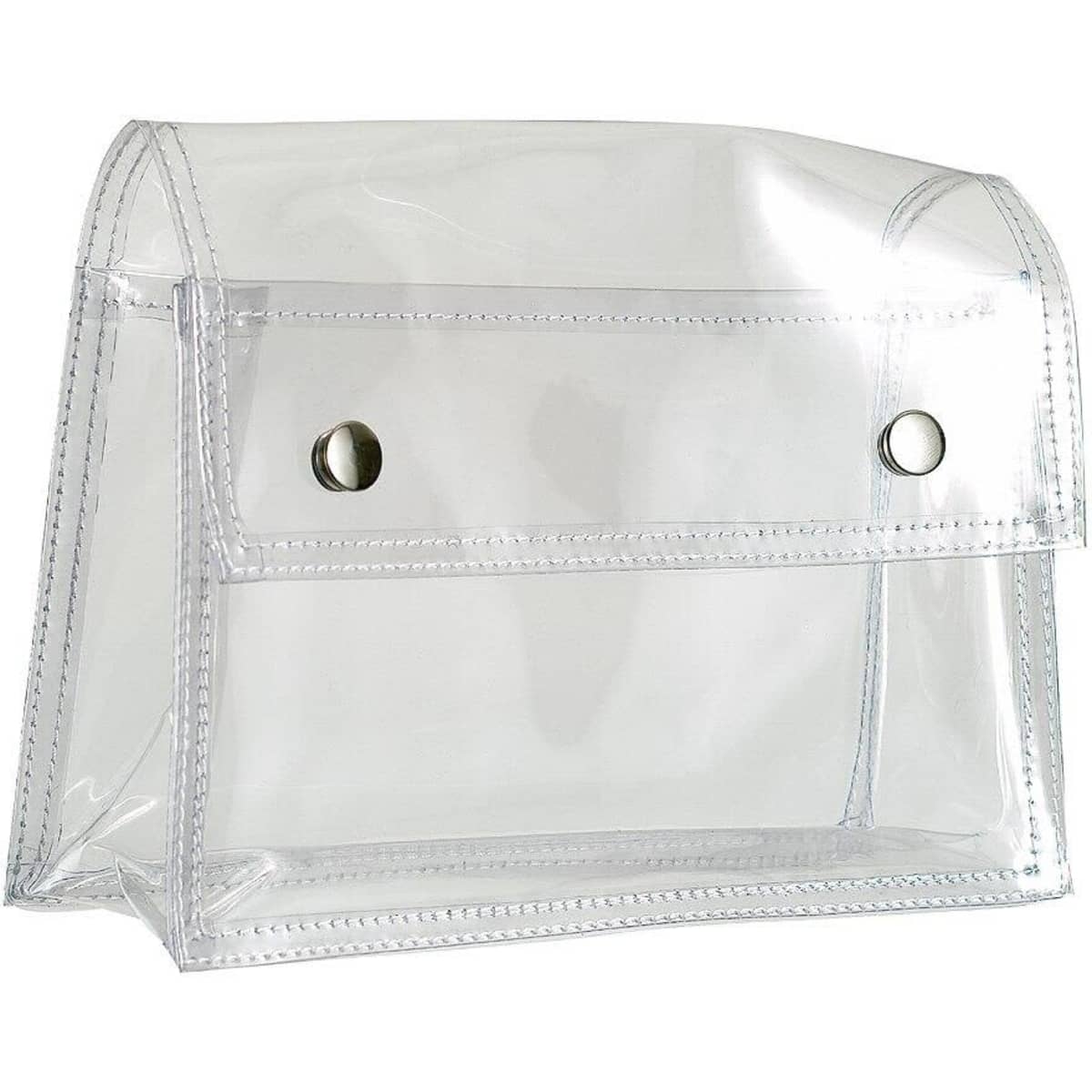 A clear, transparent bag featuring press buttons and stitch detailing. It has a sleek design suitable for various uses.