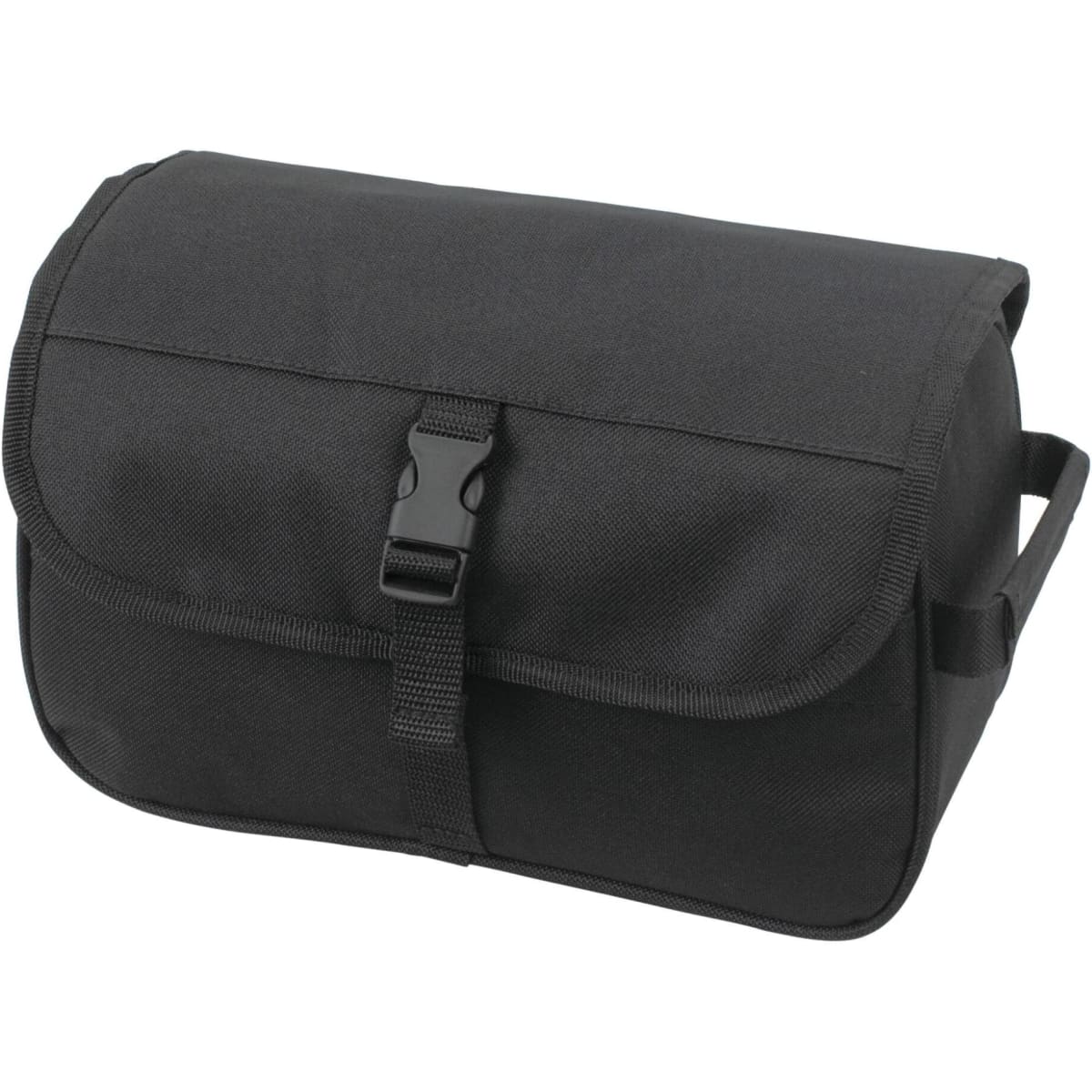 A black toiletry bag with a flap and buckle closure. It features a handle for easy carrying and includes a logo.