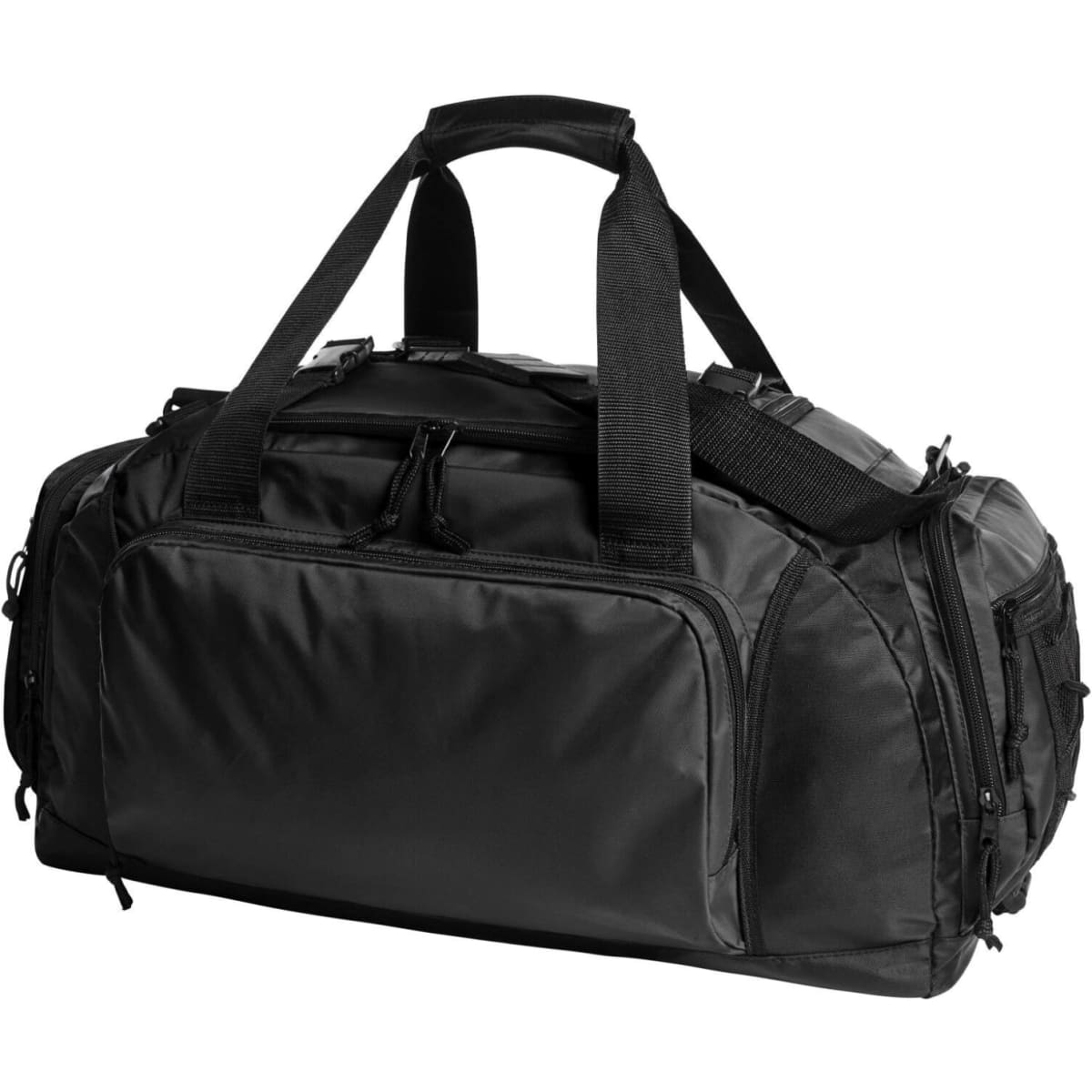A black duffle bag with multiple compartments and sturdy handles, featuring a logo on the front.