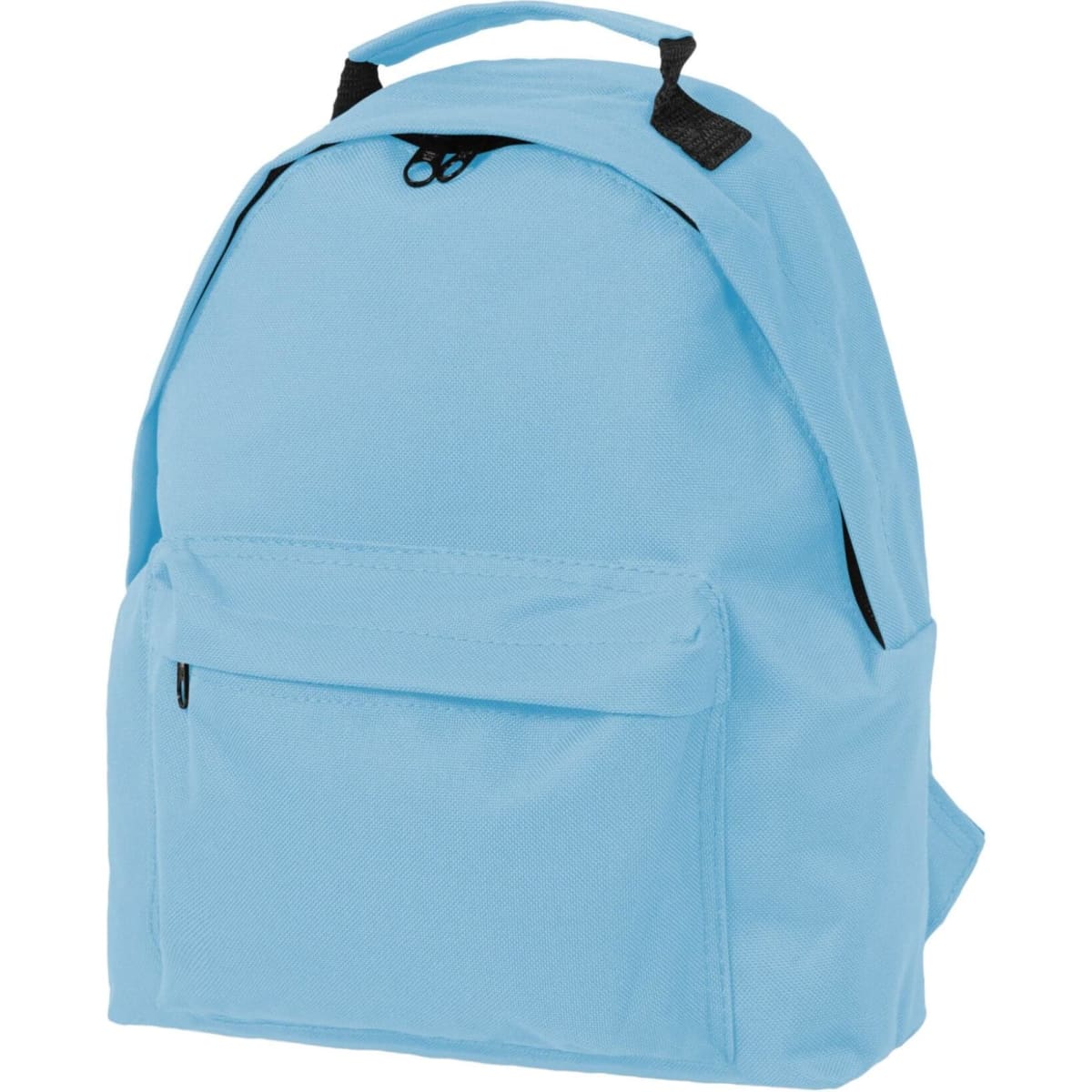 A blue kids backpack with a front pocket and black straps, featuring a handle on top and a simple design.
