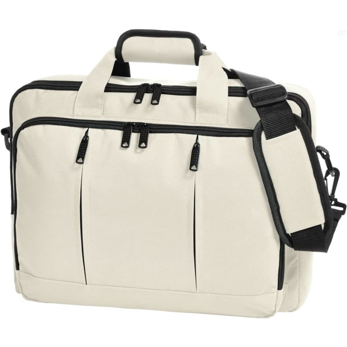 A cream laptop backpack with black accents, featuring multiple zippered compartments and a detachable shoulder strap.