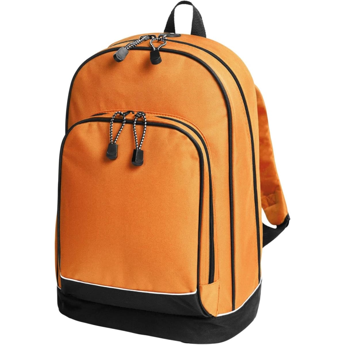 An orange and black daypack featuring multiple zippered compartments and padded shoulder straps.