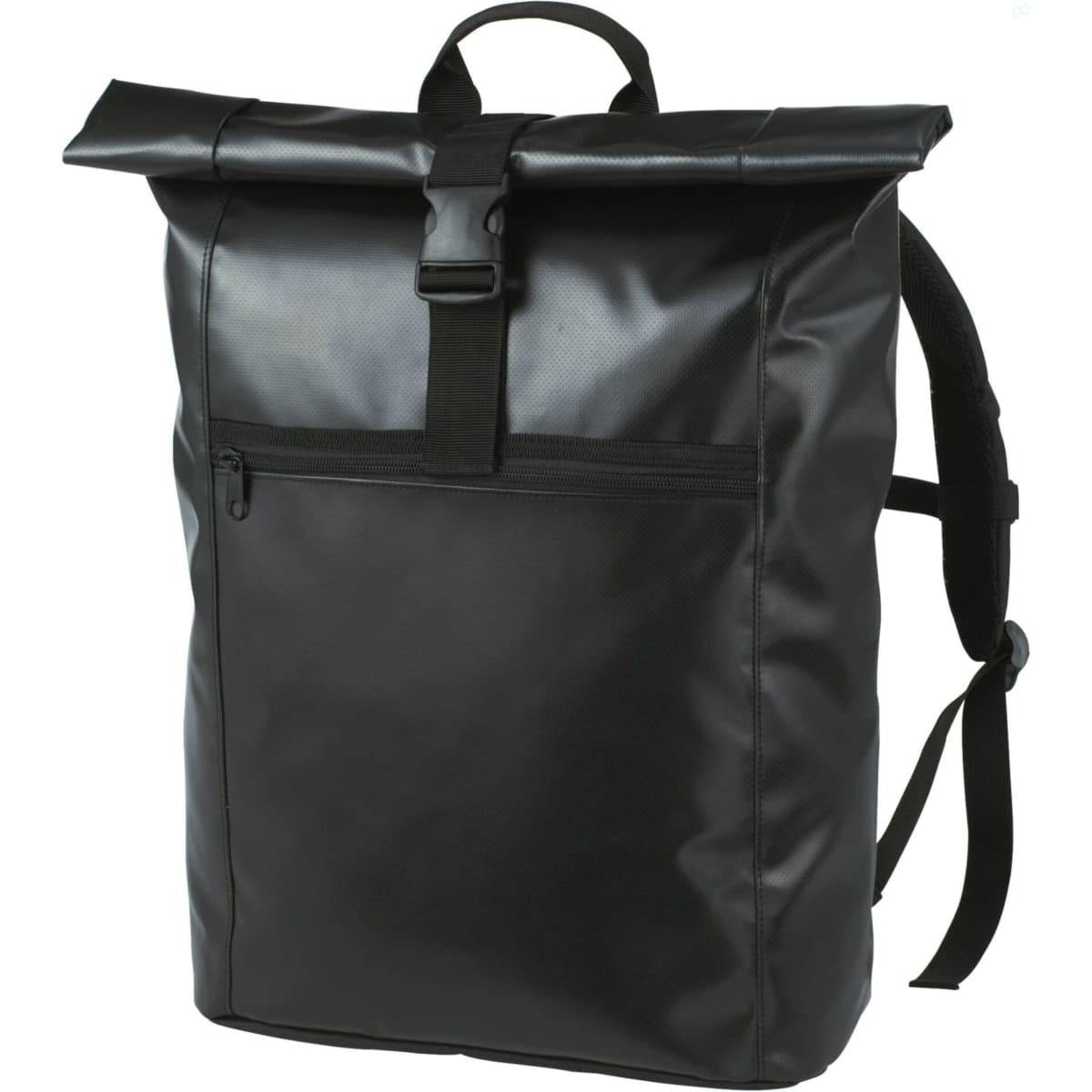 A black waterproof backpack with a roll-top closure and front zip pocket, featuring adjustable straps and a logo.