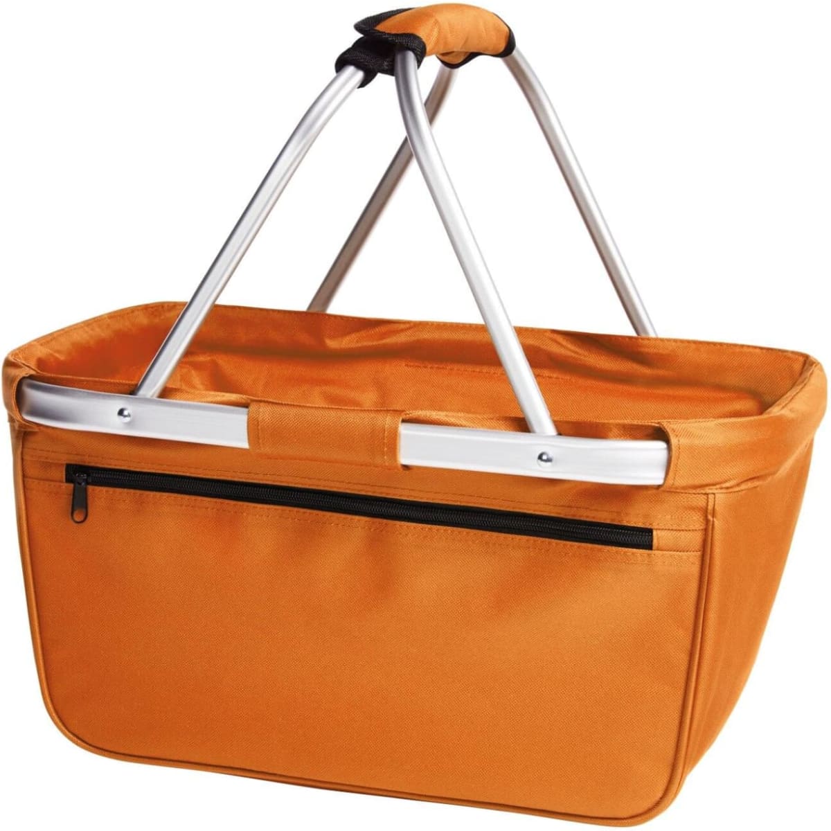 An orange basket shopper with silver handles and a zippered pocket on one side.