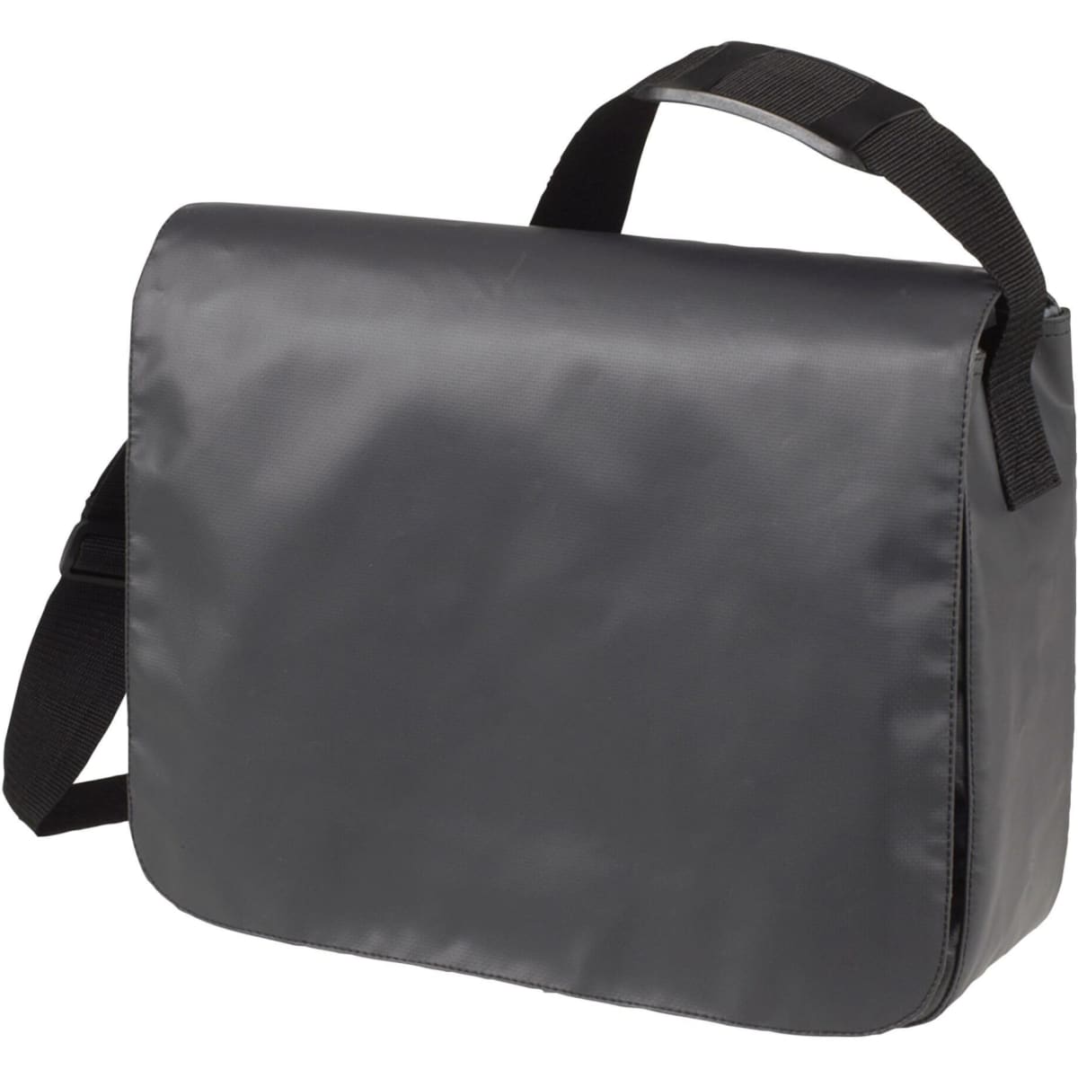 A black satchel-style shoulder bag with a long adjustable strap and a smooth, matte finish.