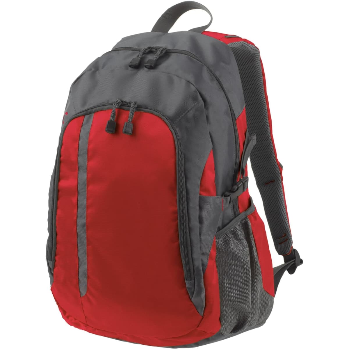 A red and grey backpack with multiple compartments and mesh side pockets, featuring adjustable straps and a logo.