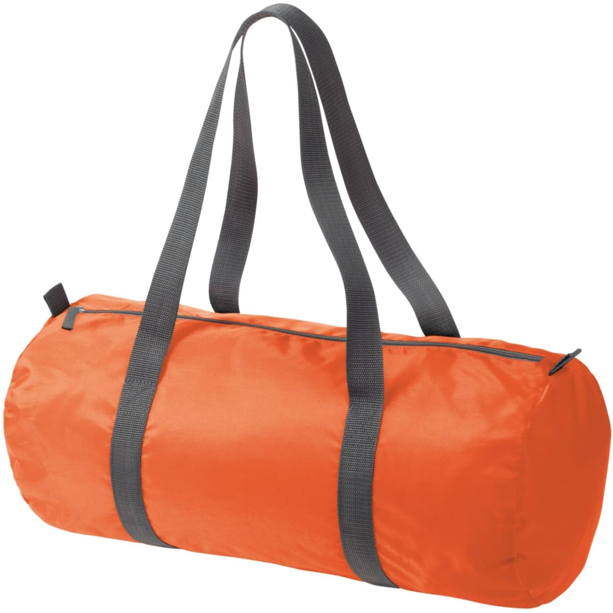 An orange duffle bag with grey handles, featuring a zippered closure and a simple design.
