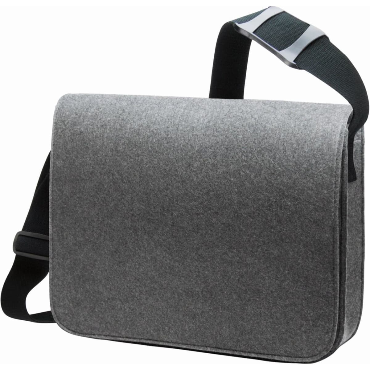 A grey satchel bag featuring a shoulder strap and a clasp, designed for carrying various items. It has a logo.