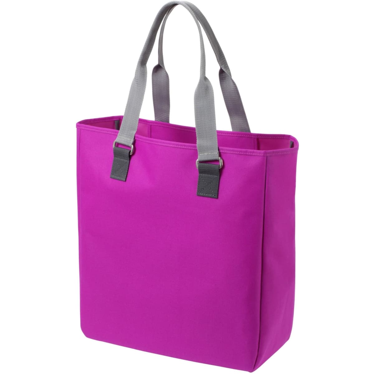 A reusable grocery bag in vibrant pink with grey handles and a structured design, featuring a logo.