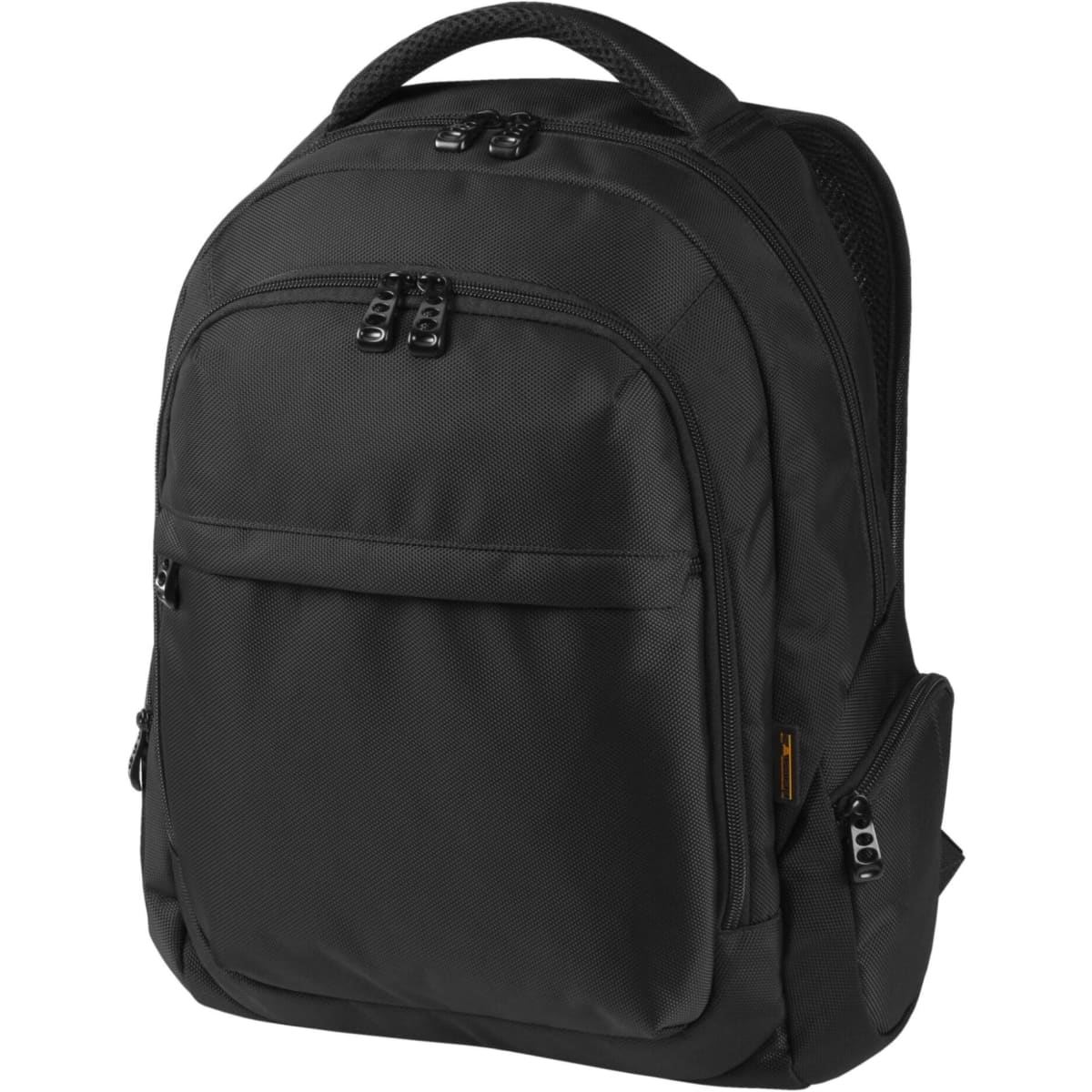 A black laptop backpack featuring multiple compartments and zippered pockets, with a sleek design and a logo.