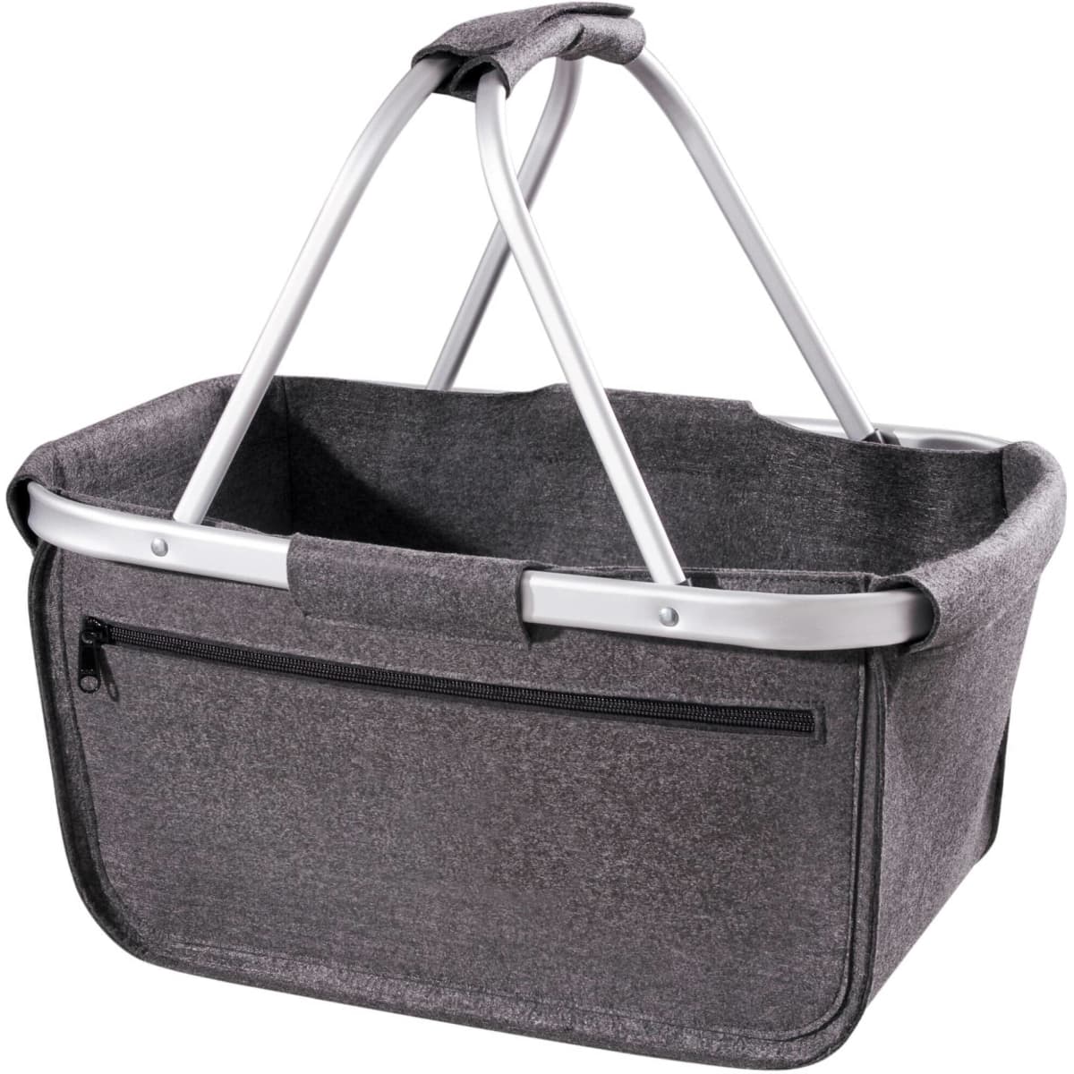 A grey felt shopping basket with metal handles and a zippered pocket on the front.