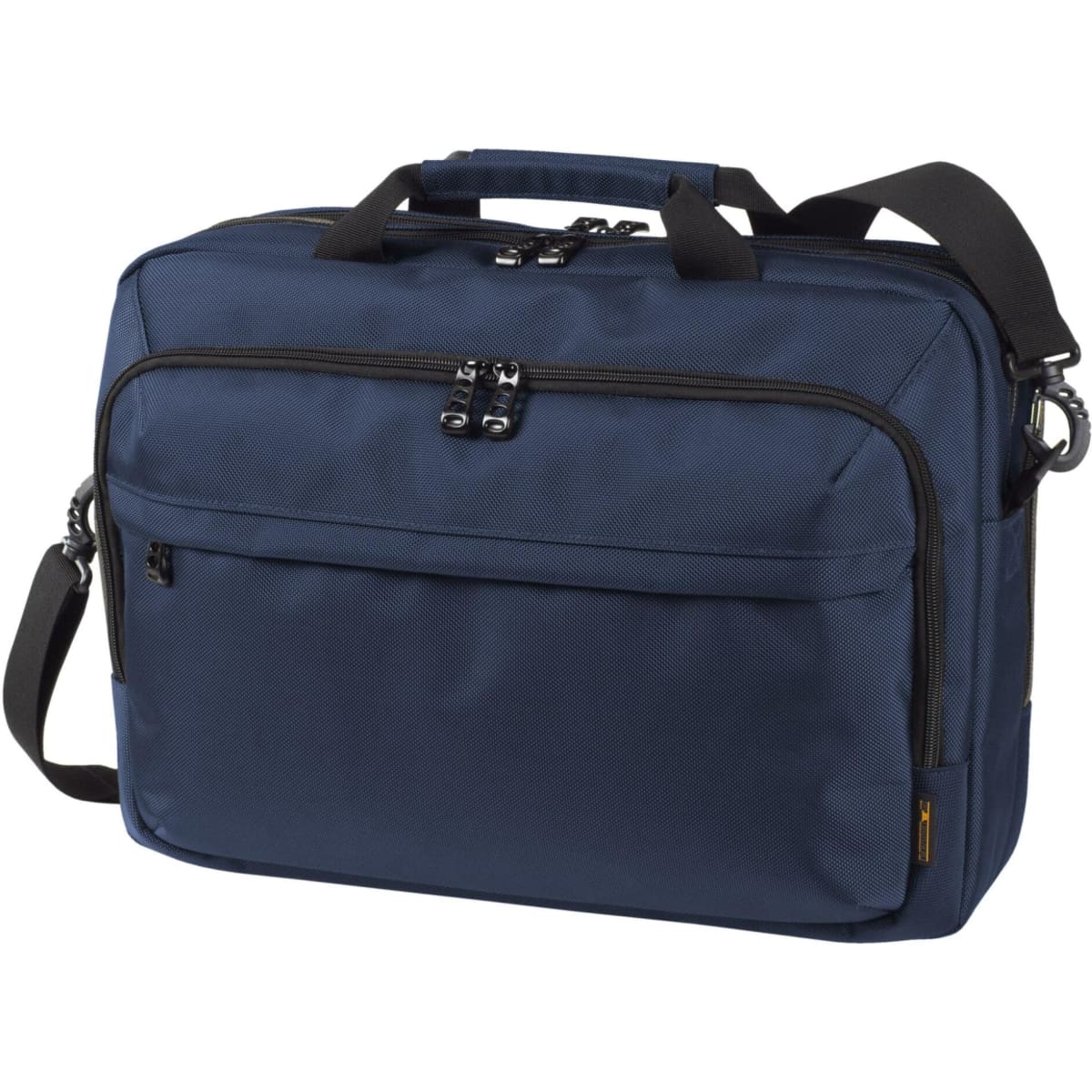 A navy laptop bag with multiple compartments, a top handle, and a detachable shoulder strap. It features a logo.
