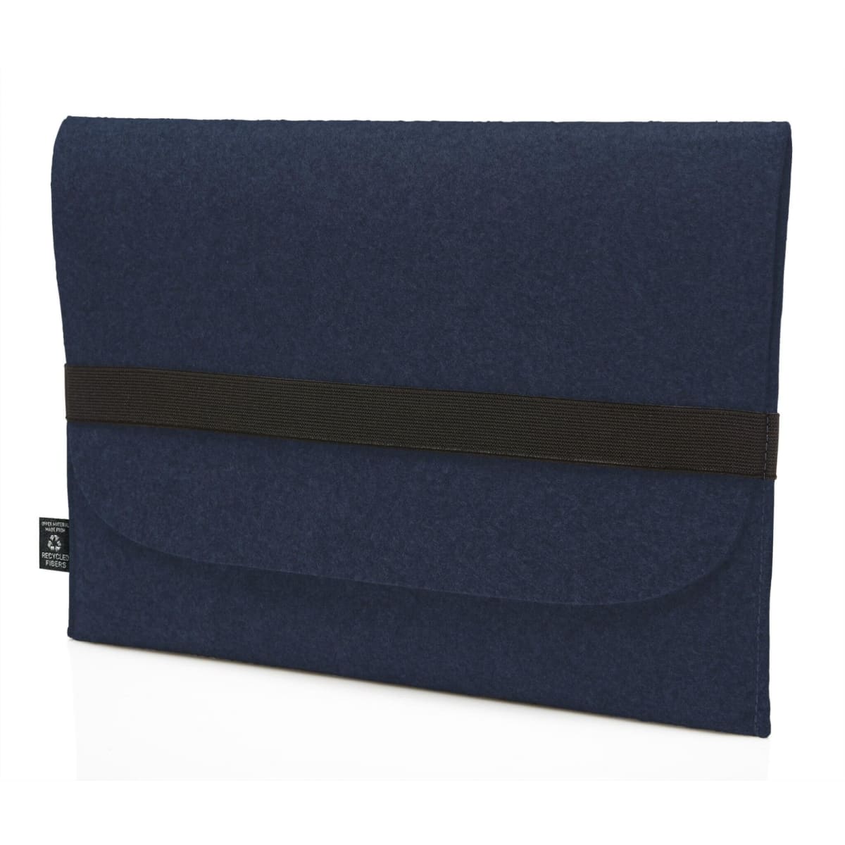 A navy laptop sleeve with a black strap and a small logo on the side. The material appears to be felt.