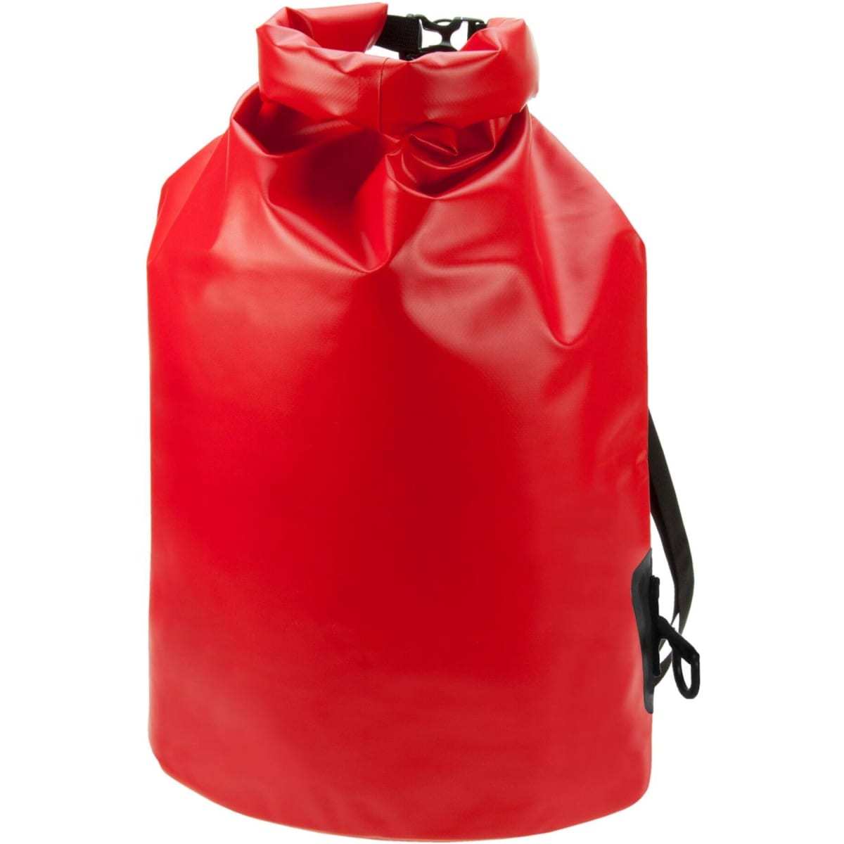 A red dry bag with a roll-top closure and adjustable straps, designed to keep contents protected from water.