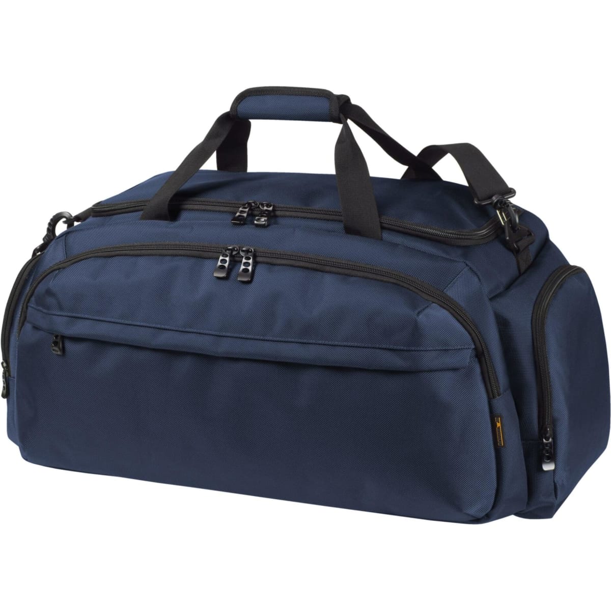 A navy blue duffle bag with multiple zippered compartments and short handles, featuring a shoulder strap.