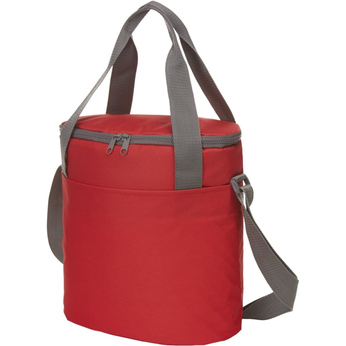 A red cooler bag with grey straps and a zippered top, featuring one outer pocket and a compact design.