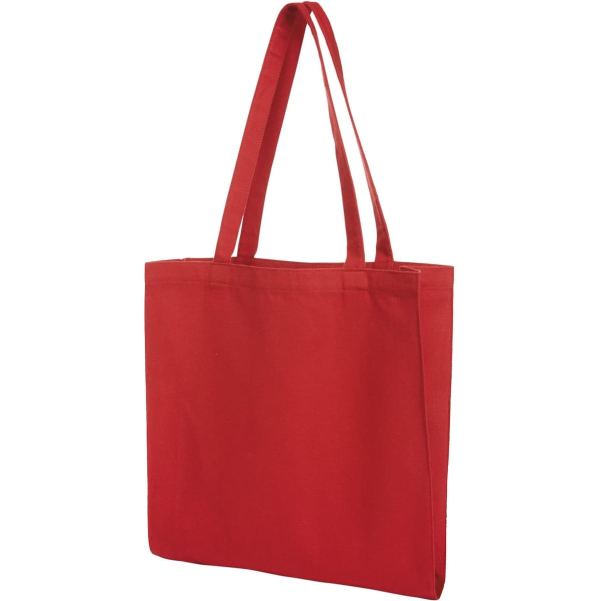 A red tote bag with two handles and a spacious design, featuring a logo on one side.