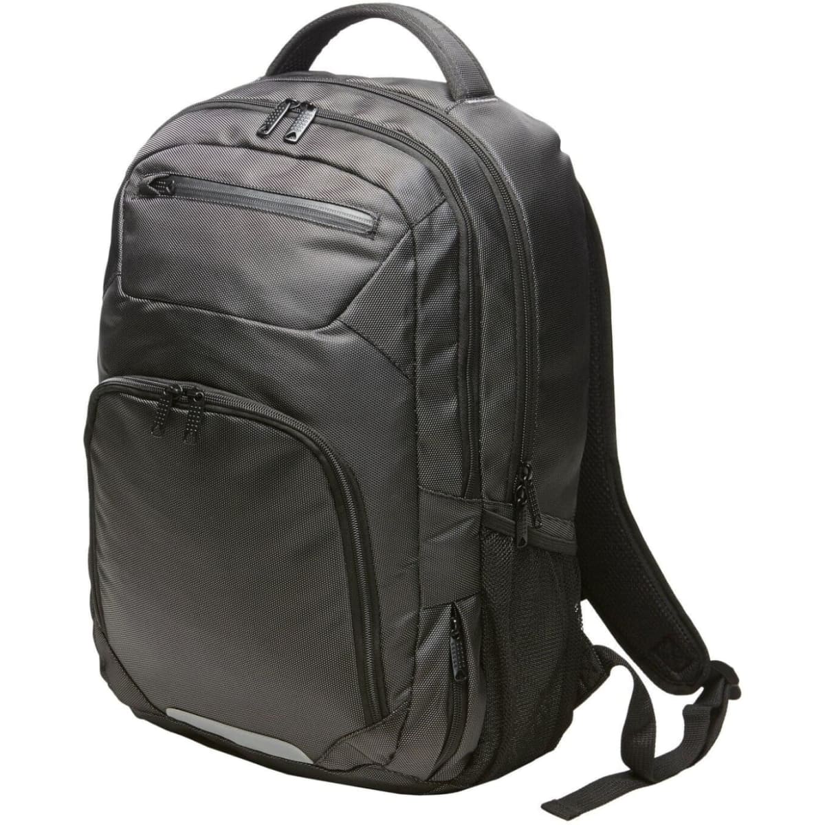 A premium notebook backpack in dark grey, featuring multiple compartments and a logo.