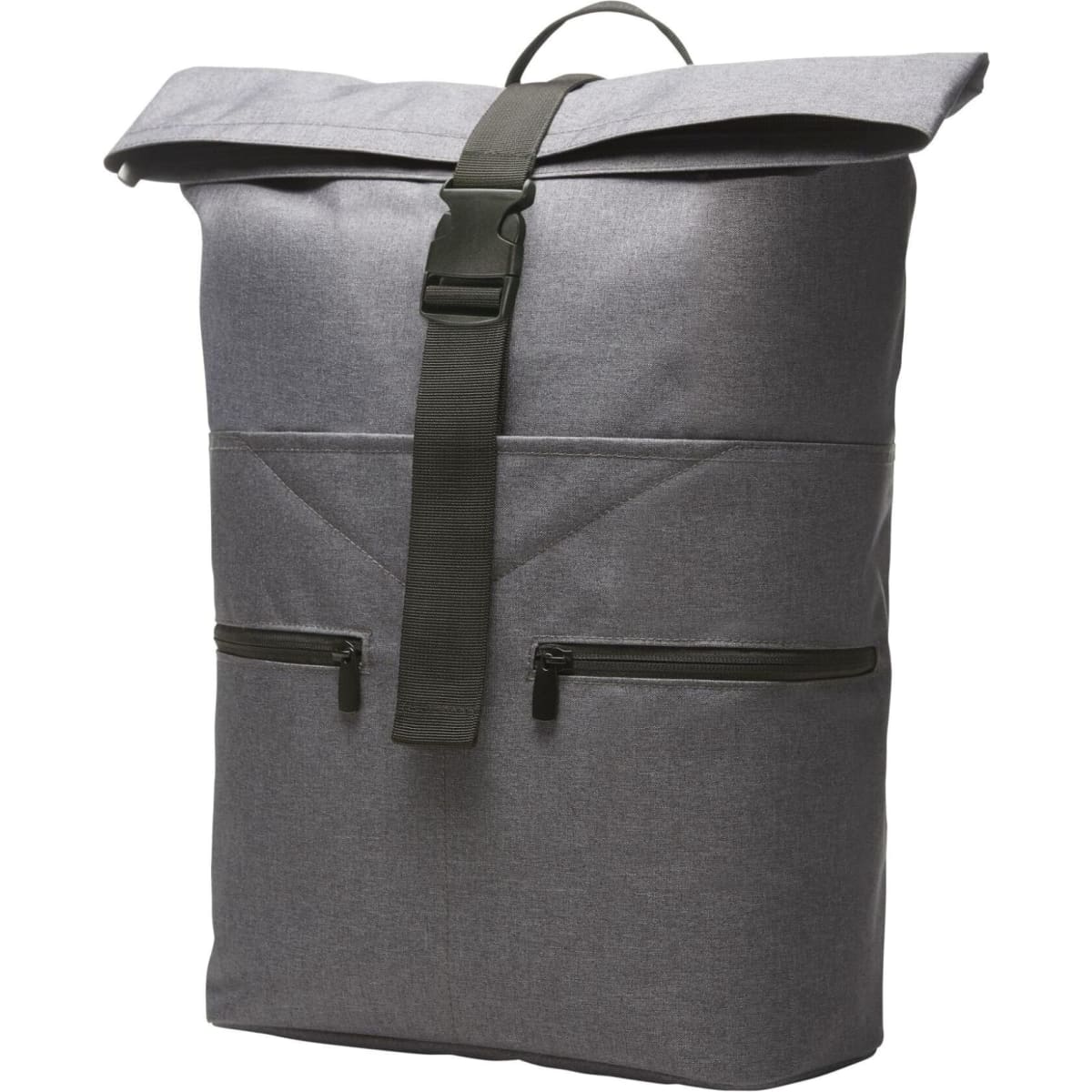 A grey laptop backpack with a roll-top design, featuring two front zip pockets and a shoulder strap.