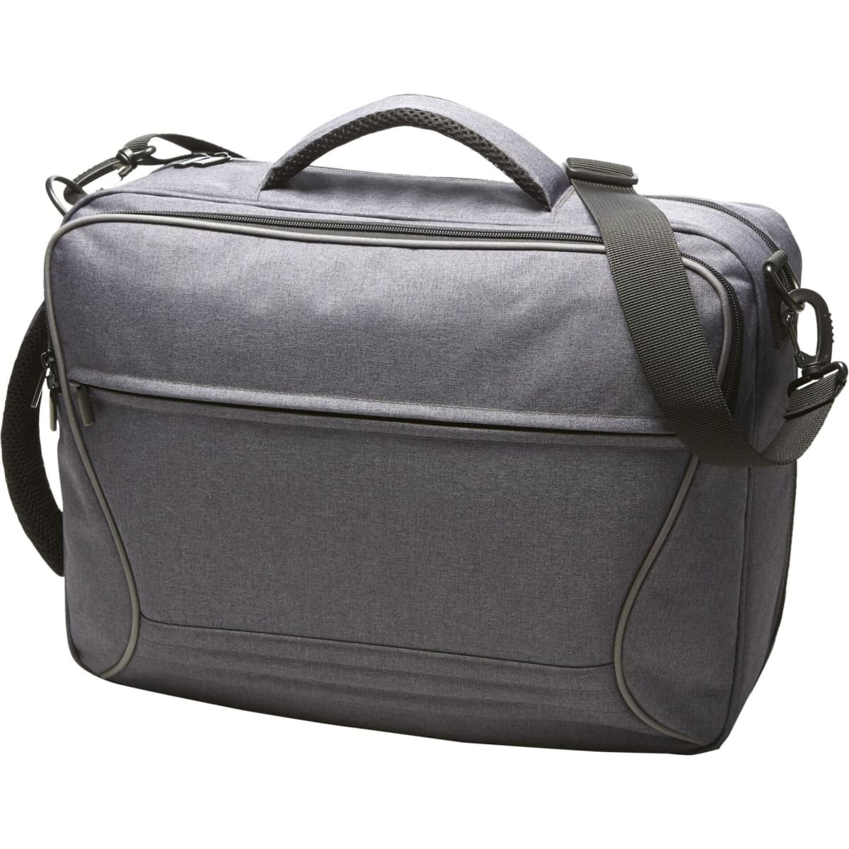 A grey promotional bag with a shoulder strap and handle, featuring a front pocket and a logo.