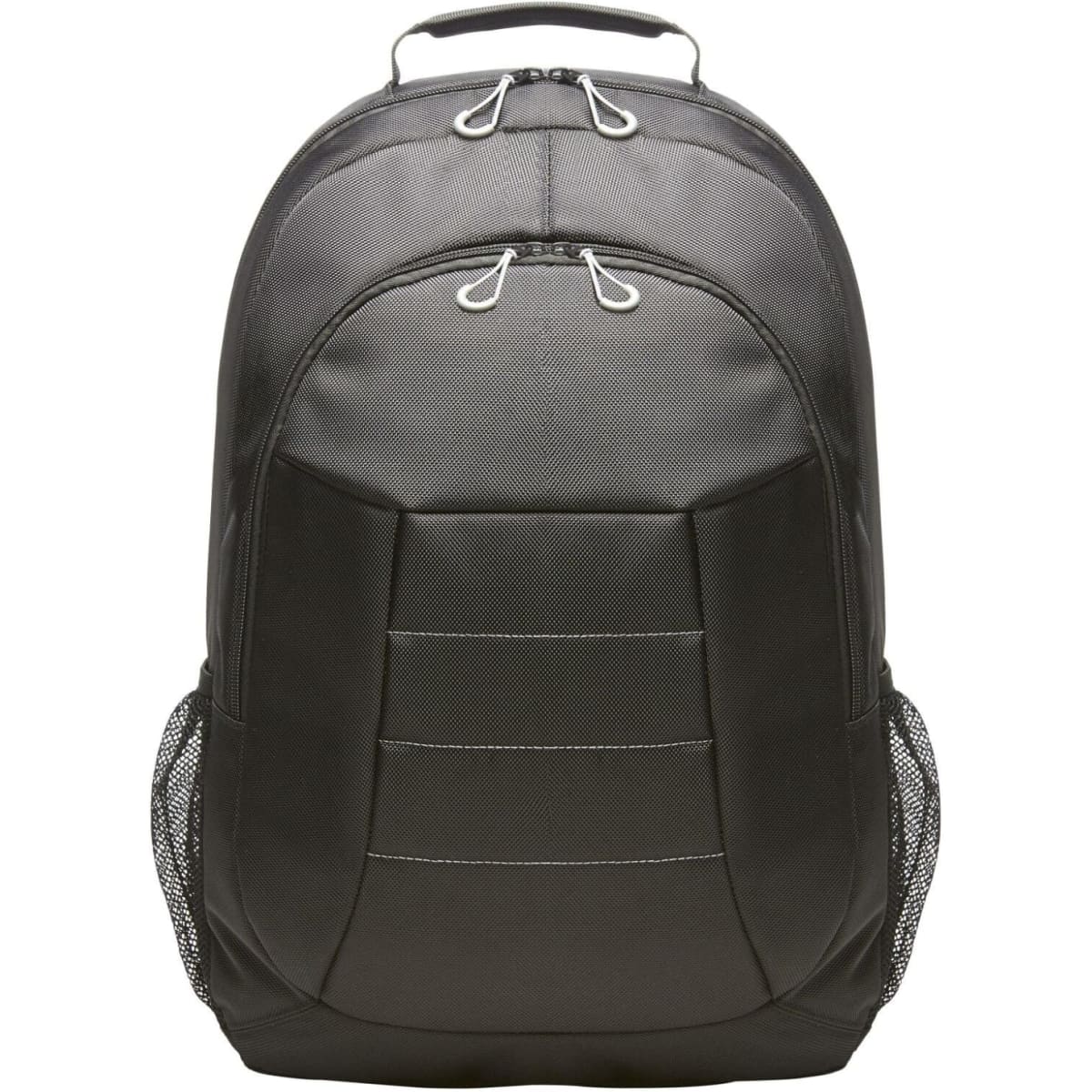A black Impulse Notebook Backpack with textured design and mesh side pockets, featuring a logo.