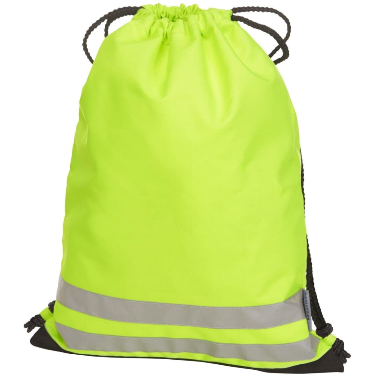 A bright yellow drawstring bag with reflective stripes and black accents, featuring a drawstring closure.