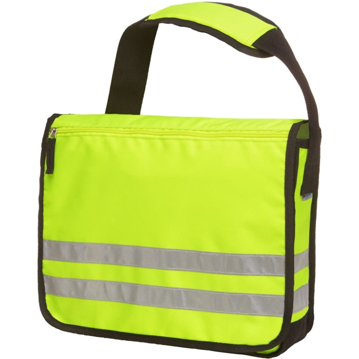 A bright yellow shoulder bag with reflective stripes and an adjustable strap. It features a zippered main compartment and branding.