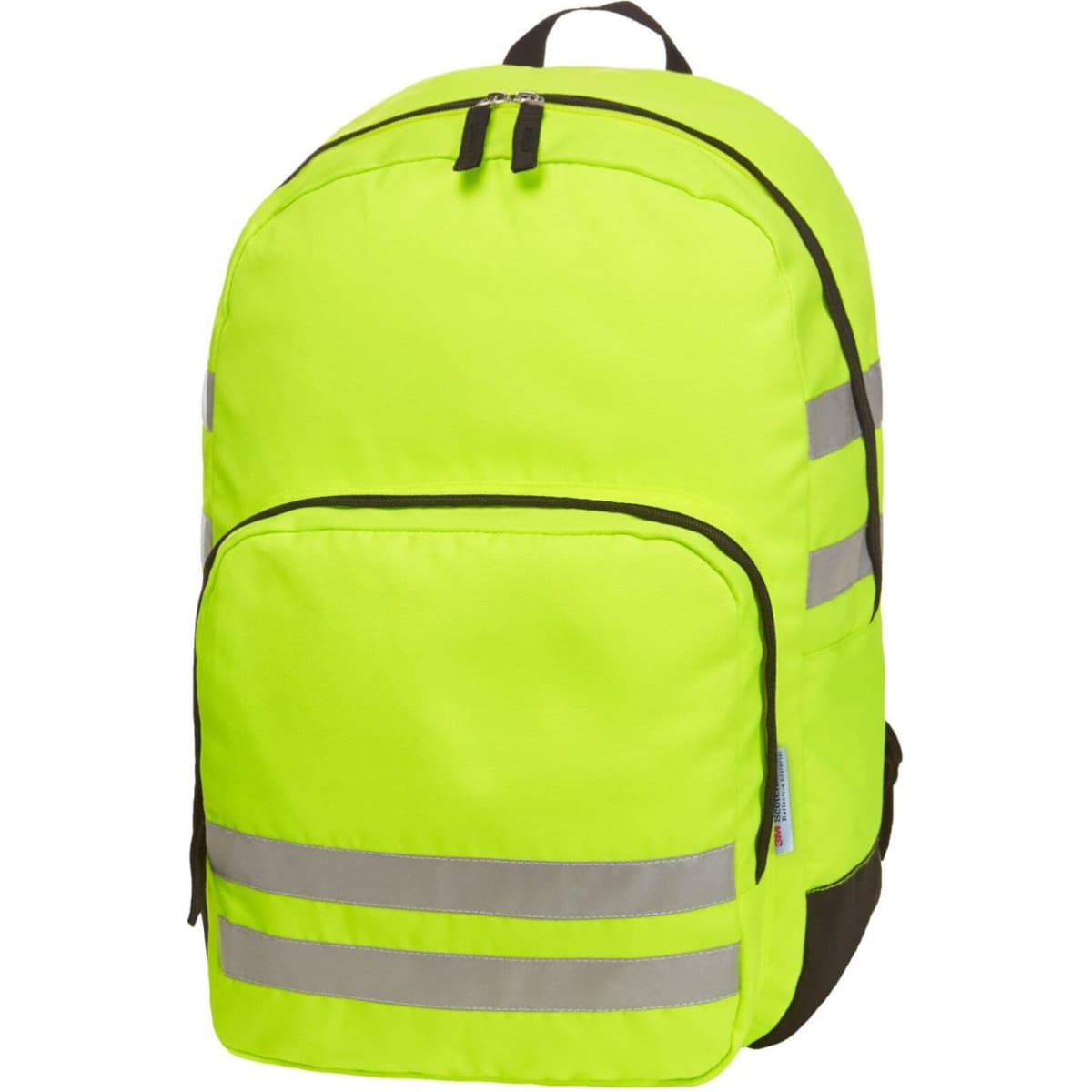 A bright yellow backpack with reflective stripes and a dark base, featuring a zippered front pocket and a logo.