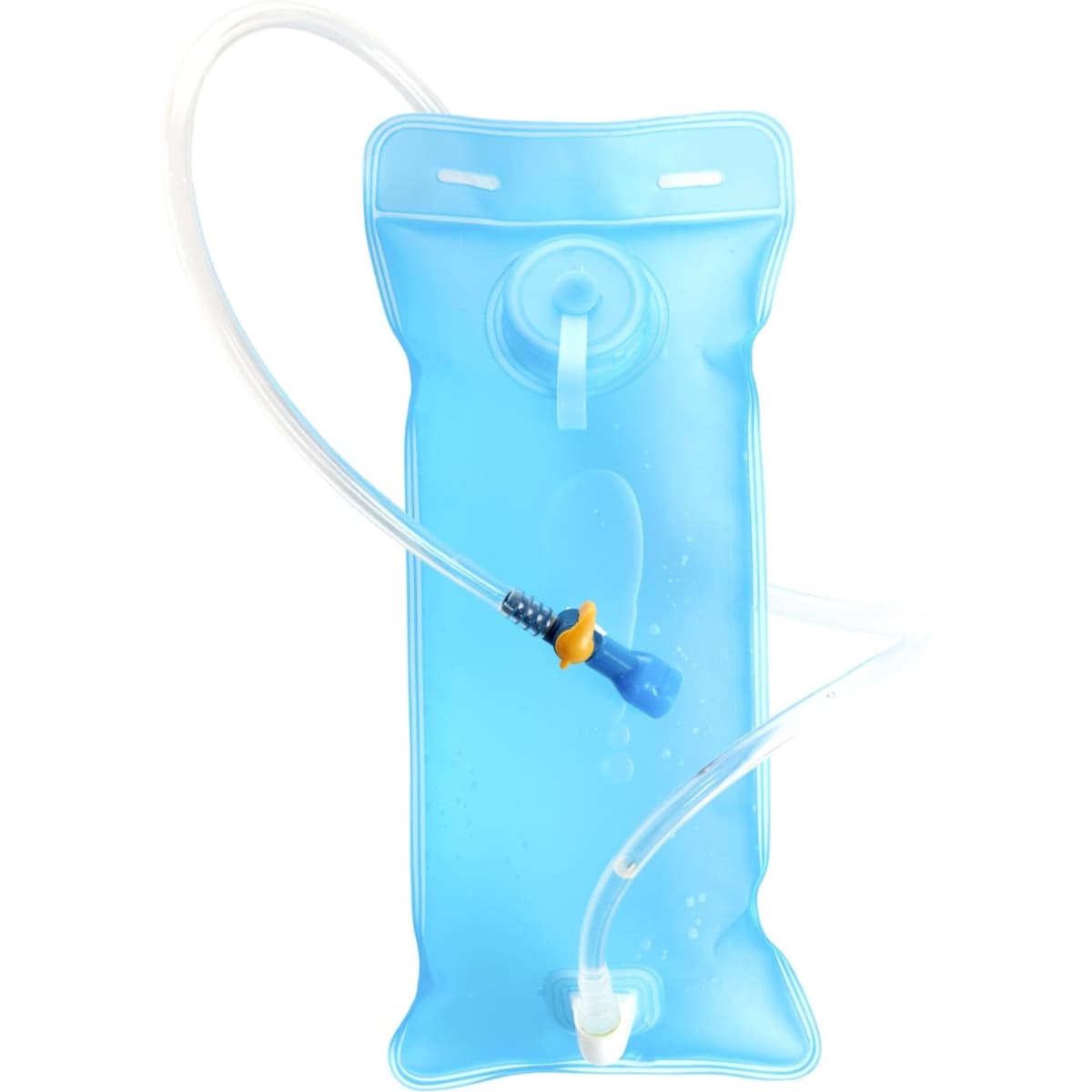 A blue drink bottle with a tube and nozzle for dispensing liquid, featuring a logo on its surface.