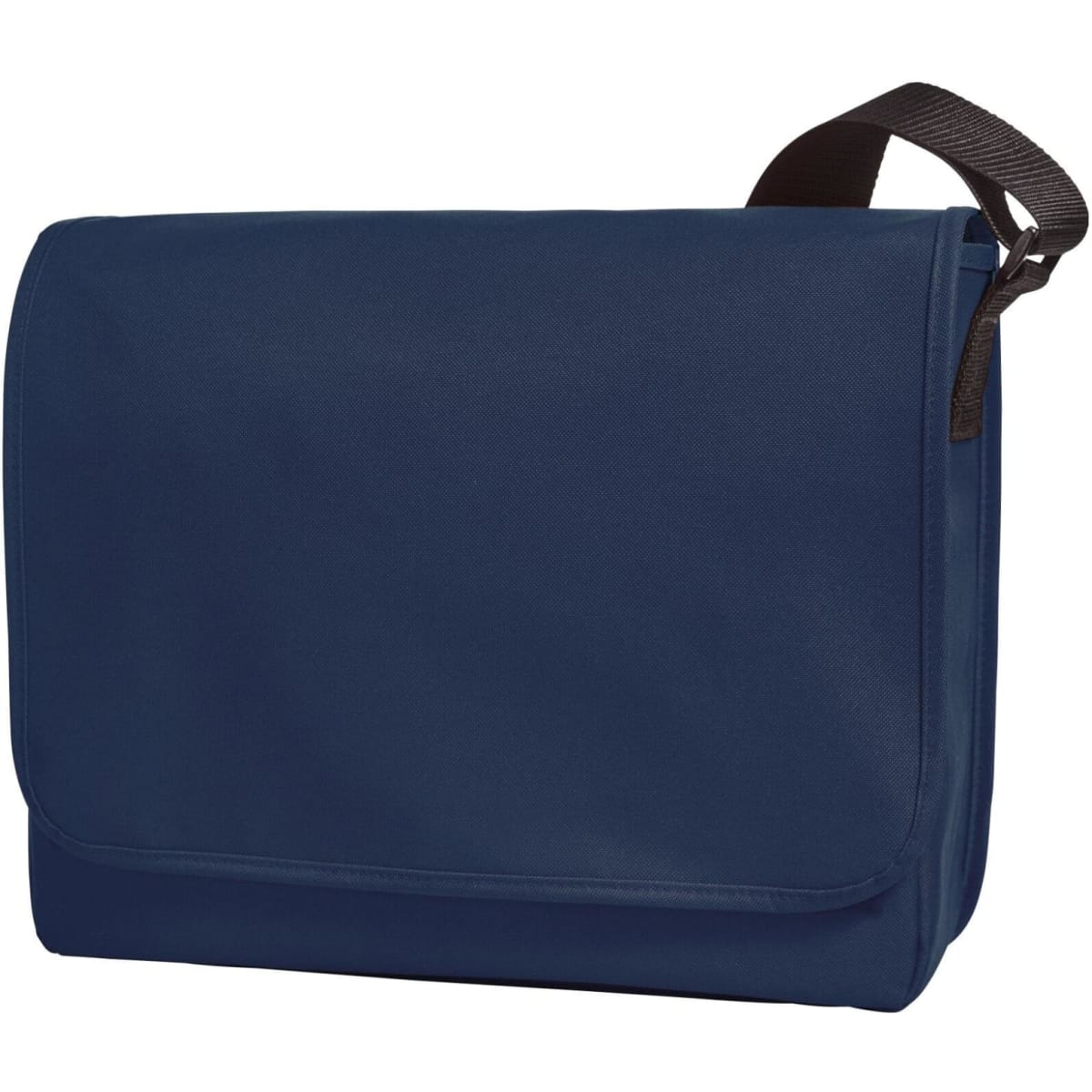 A navy Kurier shoulder bag with a flap closure and adjustable strap, featuring a logo on the front.